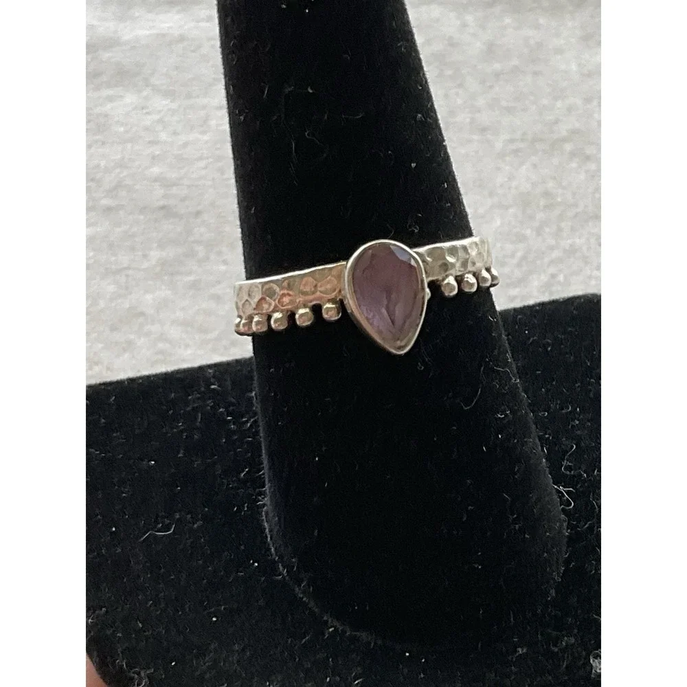Vintage 925 Sterling Silver Amethyst Ring Size 8 Hammered Estate Jewelry